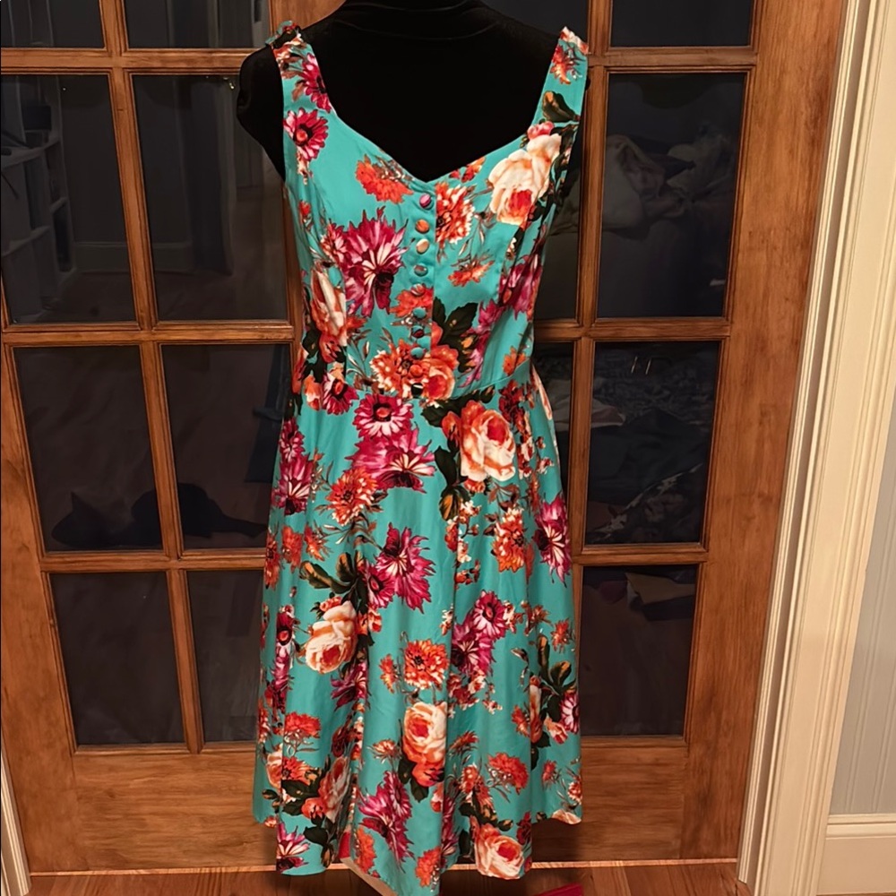 Floral Sleeveless Dress - Turquoise and Red